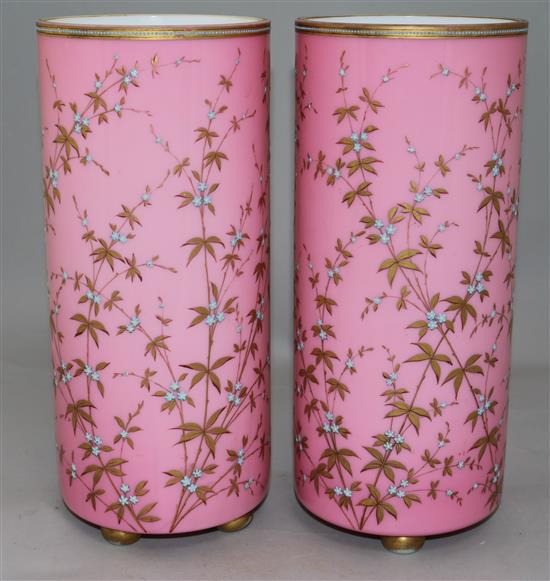 A pair of late 19th century Bohemian Japonaise enamelled pink cylindrical glass vases, 12.5in.
